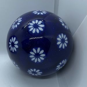 Art Glass Ball Blue with White Flowers